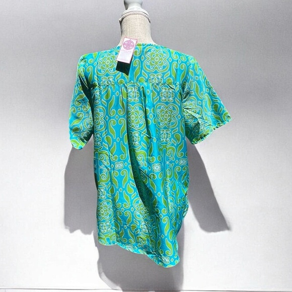 🌻 NEW w/tag Buckhead Betties Camden Ct. Green Turquoise Split Neck Top Blouse L - Picture 5 of 10